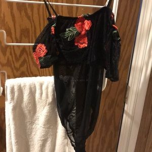 Off shoulder floral mesh bodysuit